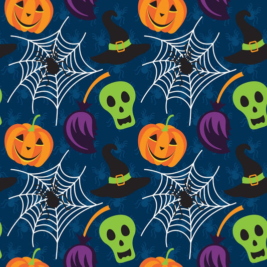 45 x 36 Halloween Pumpkin Skull Spiderweb on Navy 100% Cotton Fabric