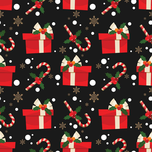 45 x 36 Christmas Gifts and Candy Canes on Black 100% Cotton Fabric