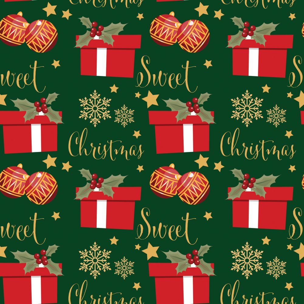 45 x 36 Christmas Gifts Ornaments Sweet Christmas on Green 100% Cotton Fabric