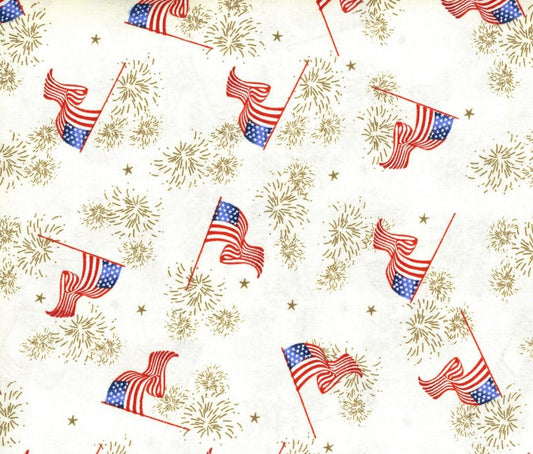 Patriotic Star Fireworks and Flags on White 100% Cotton Price per Yard