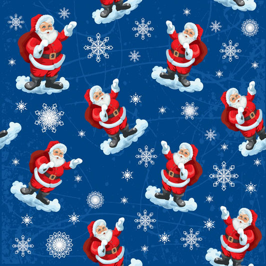 45 x 36 Christmas Santa on Clouds Snowflakes on Blue 100% Cotton Fabric