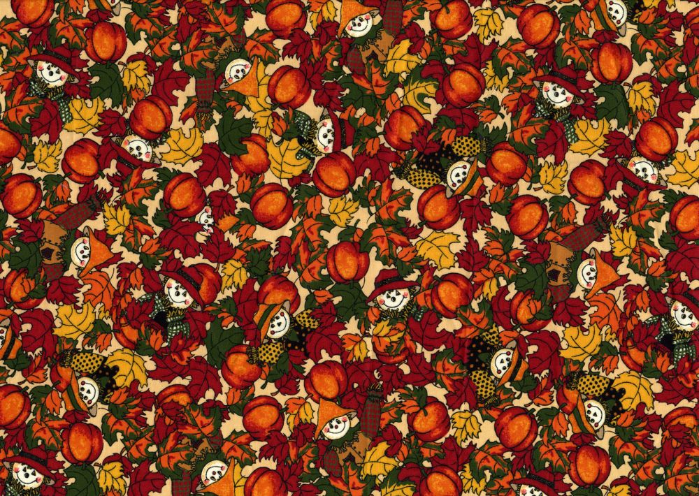 45 x 36 Fall Autumn Thanksgiving Pumpkins and Scarecrows on Cream 100% Cotton Fabric