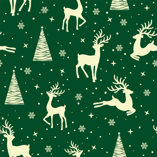 45 x 36 Christmas Reindeer Trees Snowflakes on Green 100% Cotton Fabric