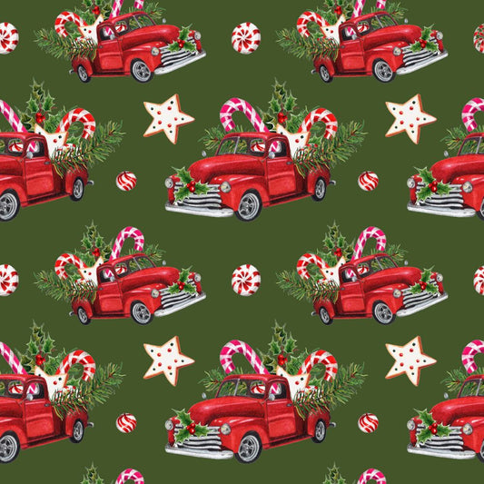 45 x 36 Christmas Loaded Down Red Truck on Green 100% Cotton Fabric