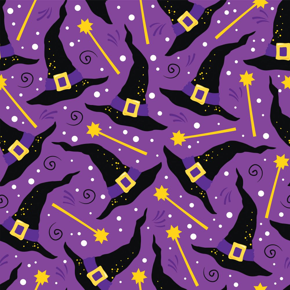 Halloween Witches Hats and Wands 100% Cotton 4 yard Precut Fabric Bundles, 2 Pieces x 2 yards each