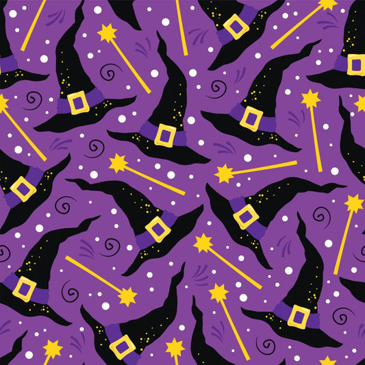 45 x 36 Halloween Witches Hats and Wands on Purple 100% Cotton Fabric