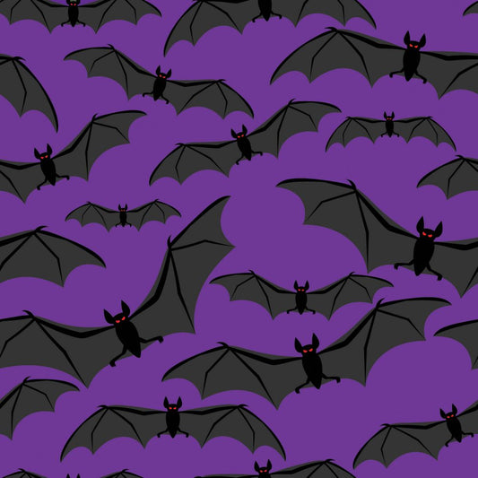 45 x 36 Halloween Flying Bats on Purple 100% Cotton Fabric