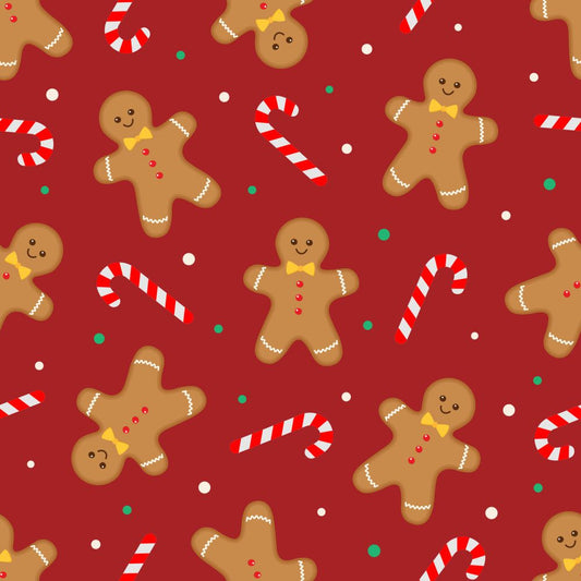 Christmas Fabric Gingerbread and Candy Canes on Red 100% Cotton By the Yard