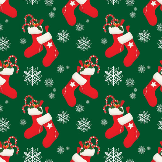 45 x 36 Christmas Red Stockings and Candy Canes on Green 100% Cotton Fabric By the Yard