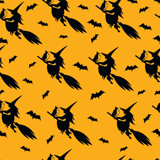 45 x 36 Halloween Flying Witches with Cats and Bats on Orange Gold 100% Cotton Fabric