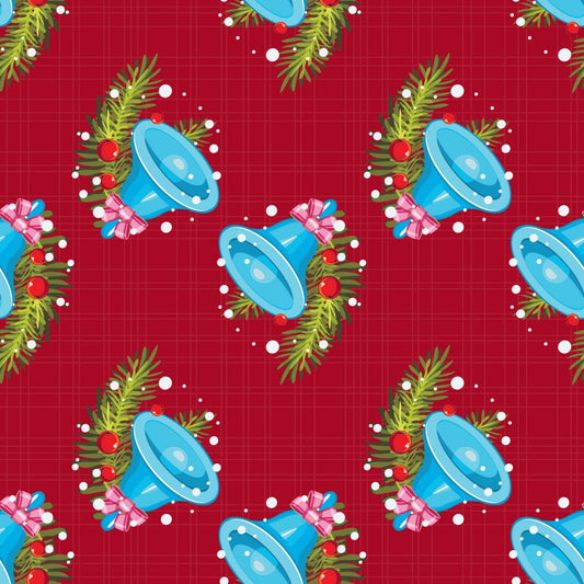 45 x 36 Christmas Blue Bells on Red 100% Cotton Fabric
