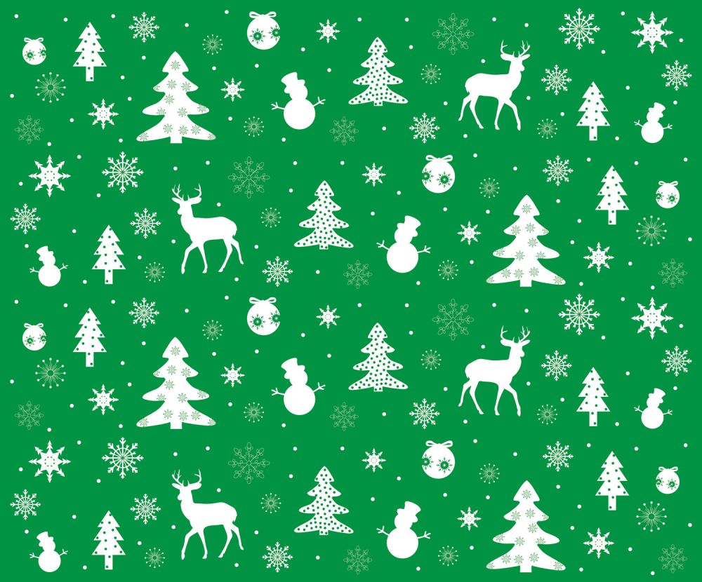 45 x 36 Christmas Shuffle Reindeer Snowmen Trees Snowflakes Ornaments on Green 100% Cotton Fabric