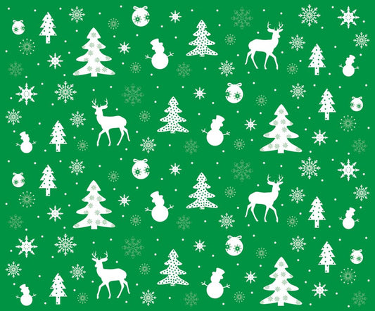 45 x 36 Christmas Shuffle Reindeer Snowmen Trees Snowflakes Ornaments on Green 100% Cotton Fabric