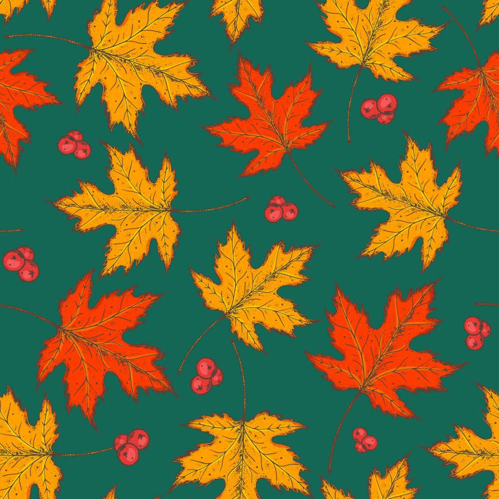 45 x 36 Fall Autumn Thanksgiving Orange and Yellow Leaves on Teal 100% Cotton Fabric