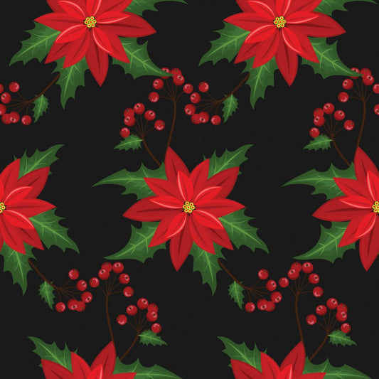 45 x 36 Christmas Poinsettias on Black background 100% Cotton Fabric