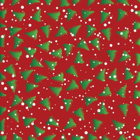 45 x 36 Wispy Green Christmas Trees on Red 100% Cotton Fabric