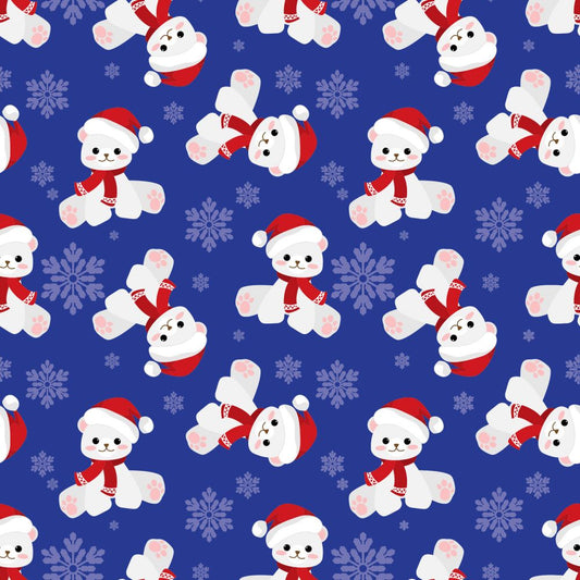 45 x 36 Christmas Teddy Bears and Snowflakes on Blue 100% Cotton Fabric