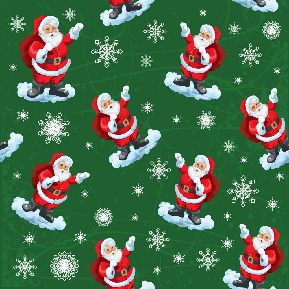 45 x 36 Christmas Santa on Clouds Snowflakes on Green 100% Cotton Fabric