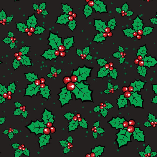 45 x 36 Christmas Holly Berry on Black 100% Cotton Fabric