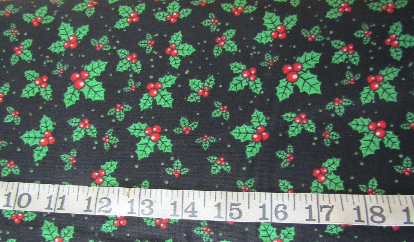 45 x 36 Christmas Holly Berry on Black 100% Cotton Fabric