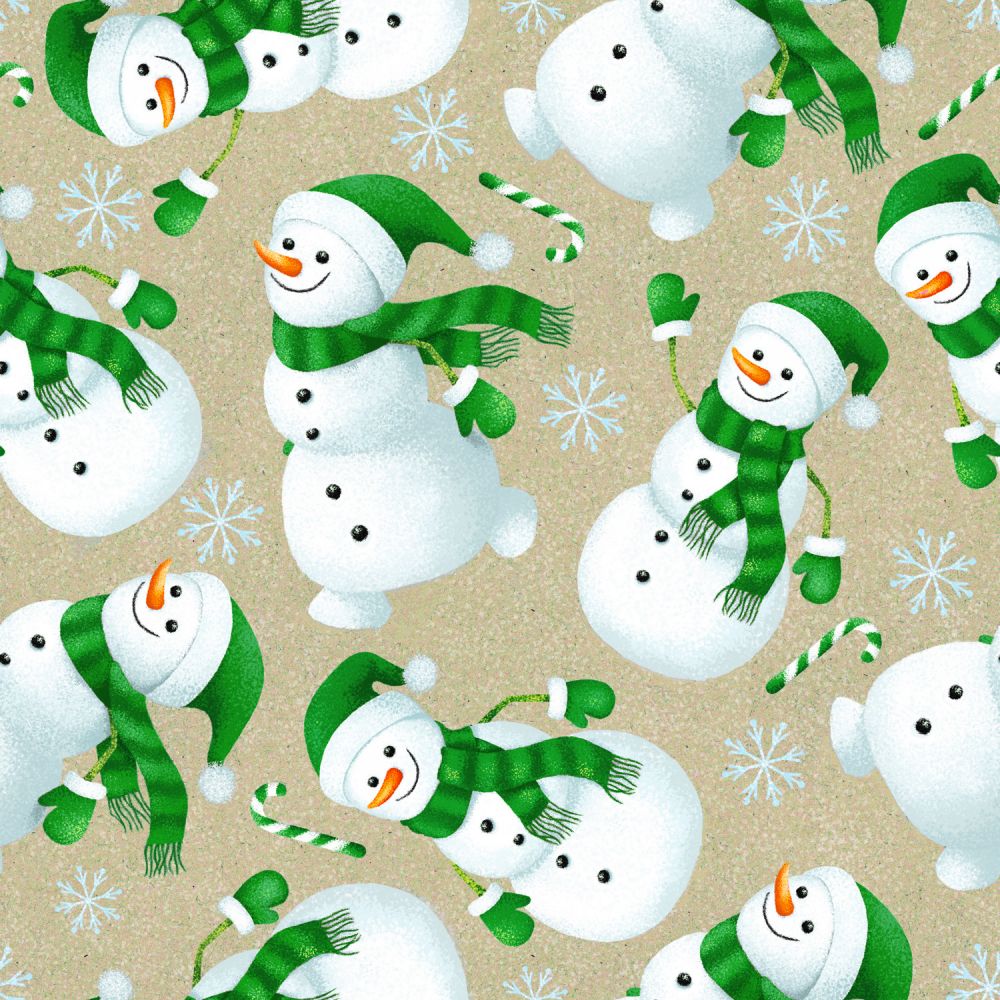 45 x 36 Snowmen with Green Scarves on Tan  100% Cotton Christmas