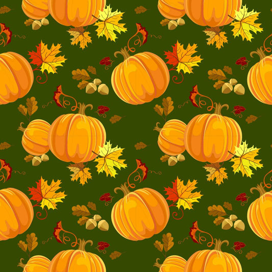 45 x 36 Pumpkins and Leaves on Dark Green 100% CottonFall Autumn Thanksgiving Fabric