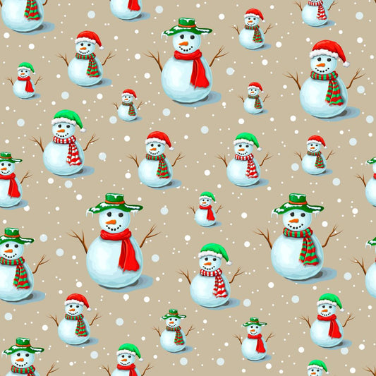 45 x 36 Christmas Snowmen Family on Tan 100% Cotton Fabric