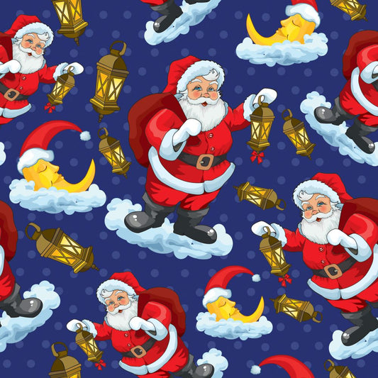 45 x 36 Christmas Santa Lanterns on Clouds Moons on Blue 100% Cotton Fabric