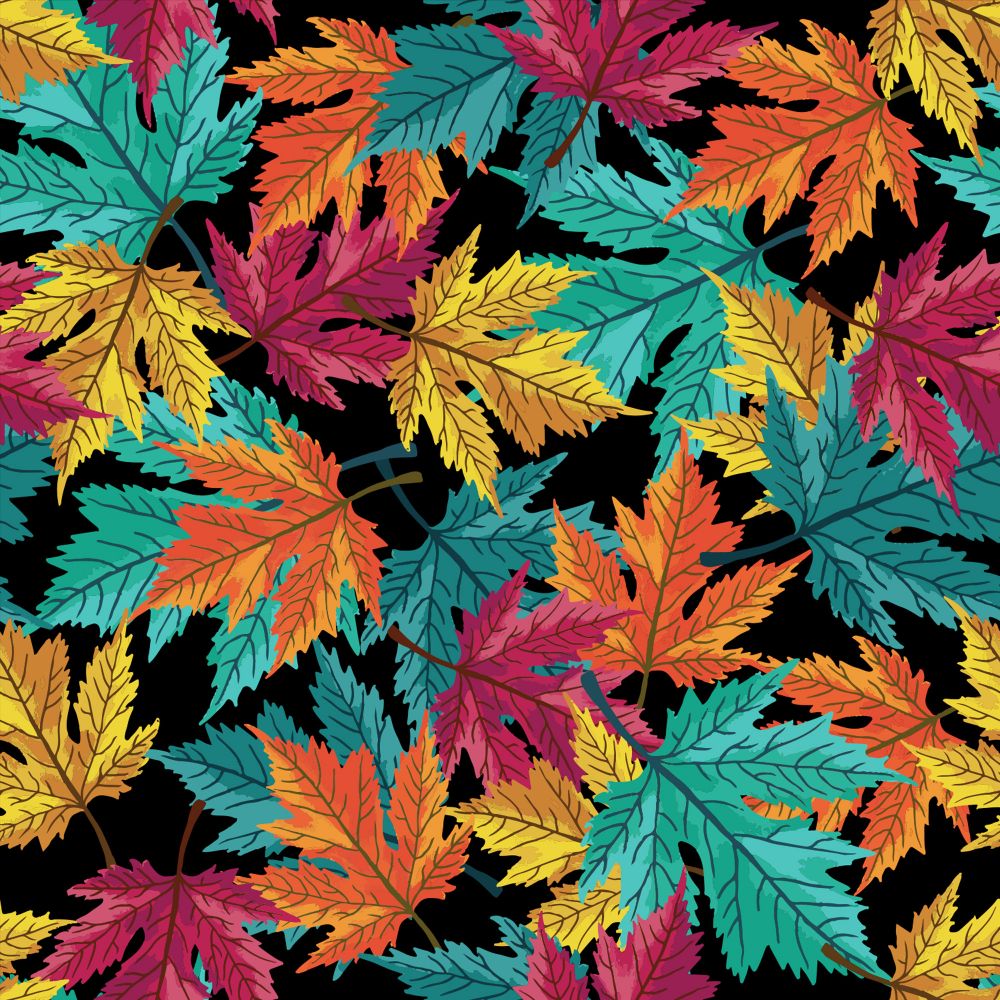 45 x 36 Fall Autumn Thanksgiving Teal and Orange Leaves on Black 100% Cotton Fabric