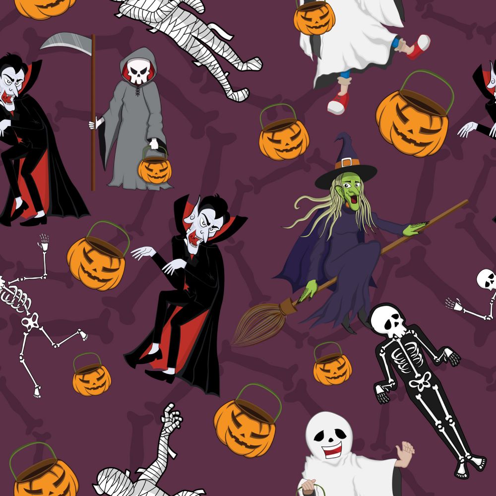 45 x 36 Halloween Dancing Monsters on Purple 100% Cotton Fabric