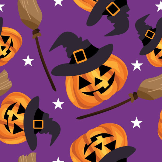 45 x 36 Halloween Smiling Pumpkins and Witches Brooms on Purple 100% Cotton Fabric