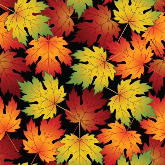 45 x 36 Fall Autumn Thanksgiving Falling Leaves on Black 100% Cotton Fabric