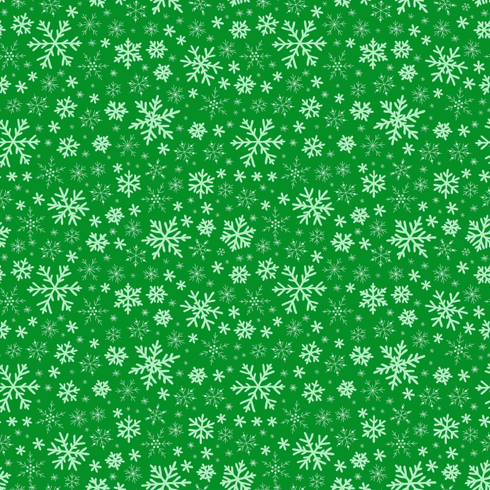 45 x 36 Christmas Various Size Snowflakes on Green 100% Cotton Fabric