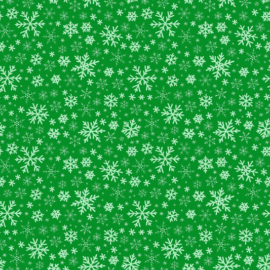 45 x 36 Christmas Various Size Snowflakes on Green 100% Cotton Fabric