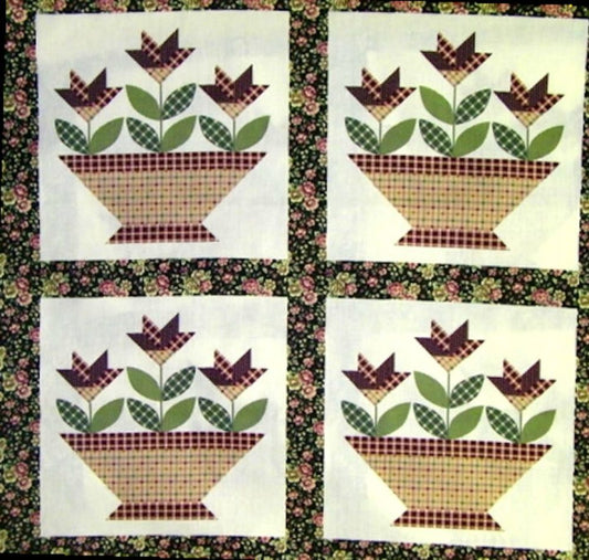 90 x 108 Cheater Quilt Top Flower Baskets Floral Borders  Black Green