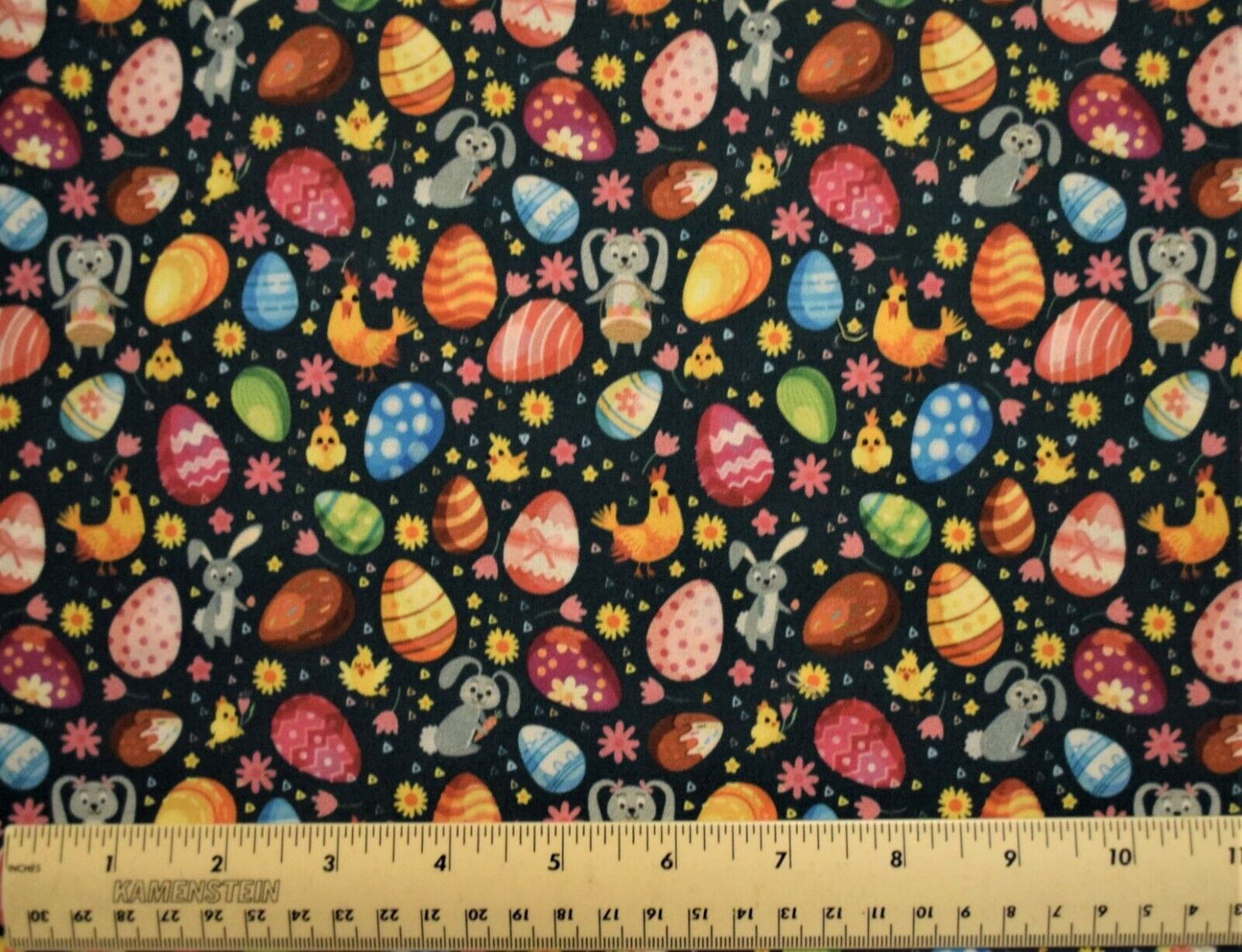 45 x 36 Easter Bunny and Eggs on Black Digital Print 100% Cotton Fabric