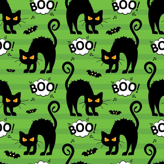 45 x 36 Halloween Black Cats BOO and Bats on Striped Green 100% Cotton Fabric