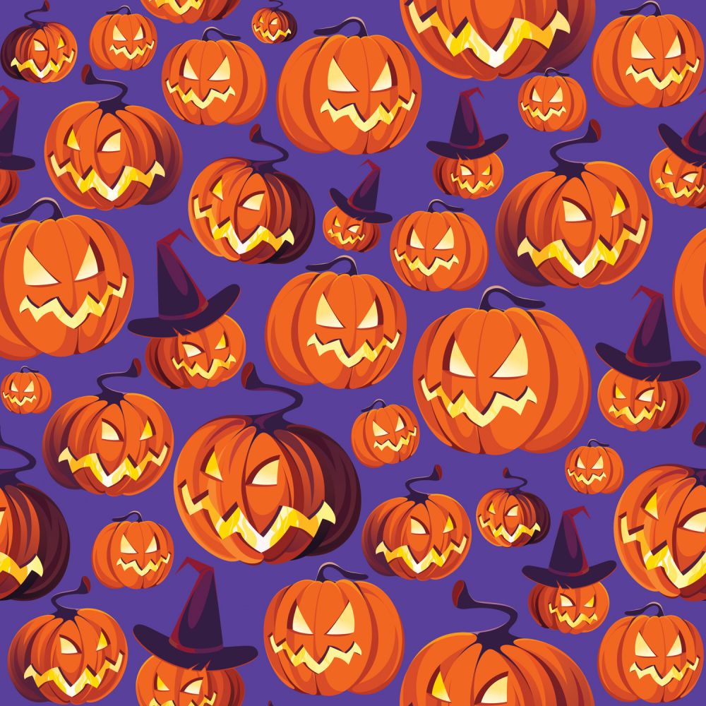 44 x 36 Smiling Pumpkins Jack o Lantern on Purple 100% Cotton Halloween