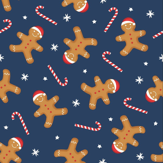 44 x 36 Christmas Gingerbread and Candy Canes on Blue 100% Cotton Fabric By the Yard
