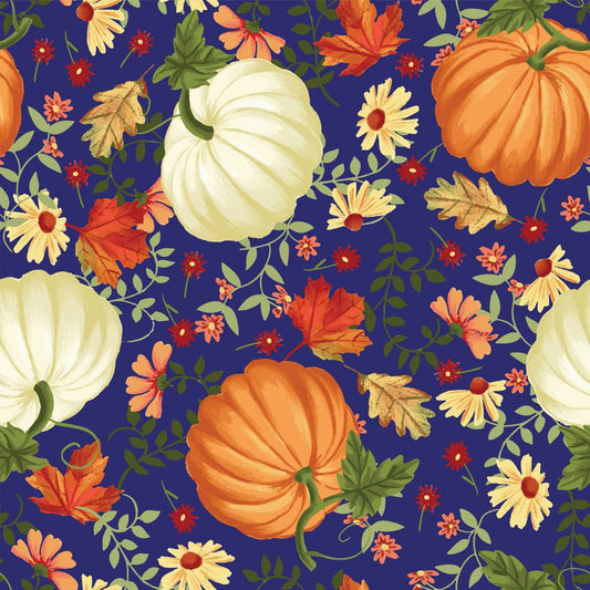 45 x 36 Fall Autumn Thanksgiving Orange and White Pumpkins on Blue 100% Cotton
