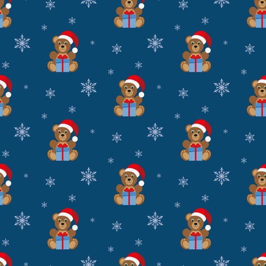 45 x 36 Christmas Teddy Bears with Gifts on Blue 100% Cotton Fabric