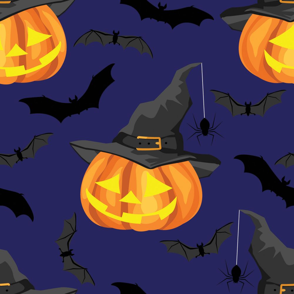 45 x 36 Halloween Pumpkins and Bats on Blue 100% Cotton Fabric