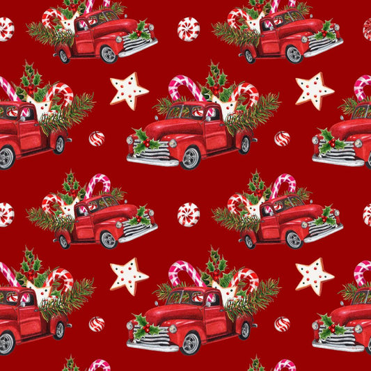 45 x 36 Christmas Loaded Down Red Truck on Red 100% Cotton Fabric
