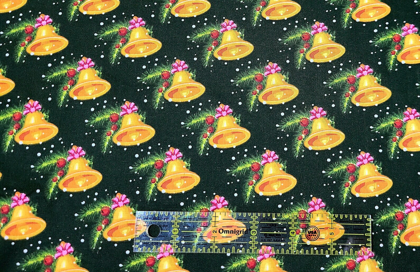 45 x 36 Christmas Gold Bells on Dark Green 100% Cotton Fabric