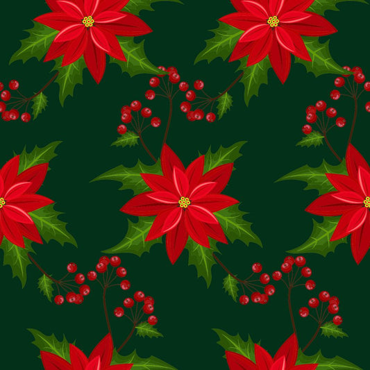 45 x 36 Christmas Poinsettias on Green background 100% Cotton Fabric