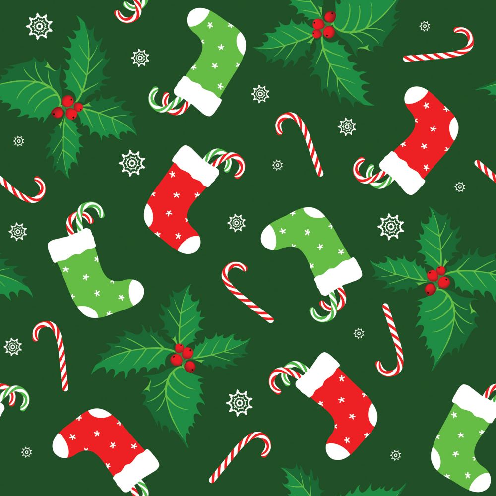 45 x 36 Red and Green Stockings and Candy Canes on Green Christmas 100% Cotton Fabric By the Yard