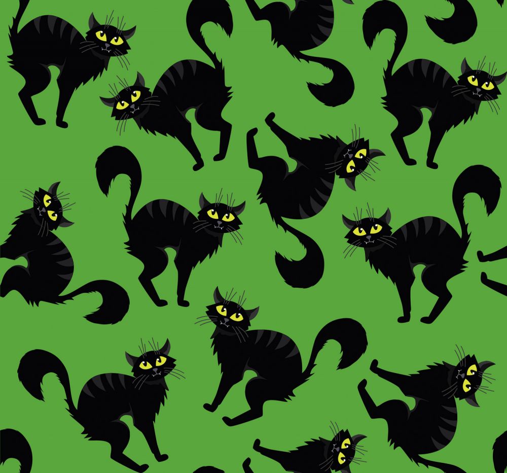 45 x 36 Halloween Creepy Black Cats on Green 100% Cotton Fabric