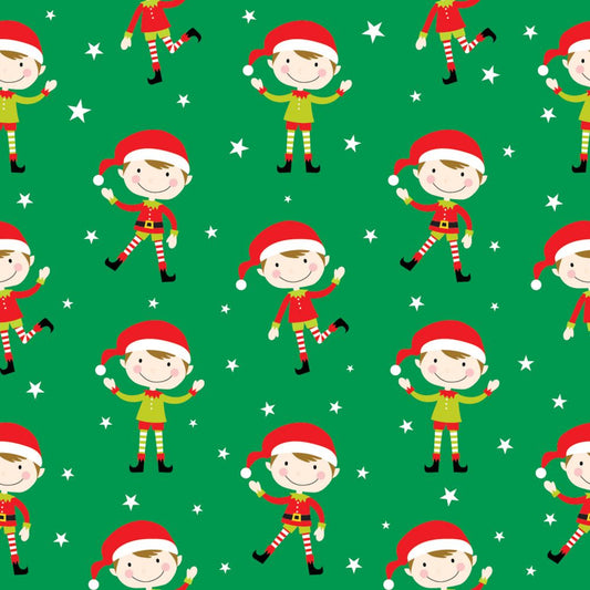 45 x 36 Christmas Happy Elves on Green 100% Cotton Fabric