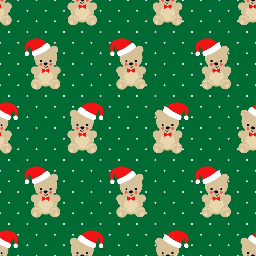 45 x 36 Christmas Teddy Bears on Green with Dots 100% Cotton Fabric