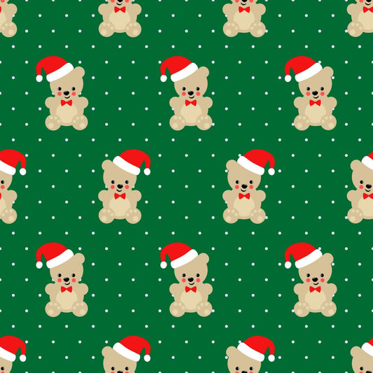 45 x 36 Christmas Teddy Bears on Green with Dots 100% Cotton Fabric